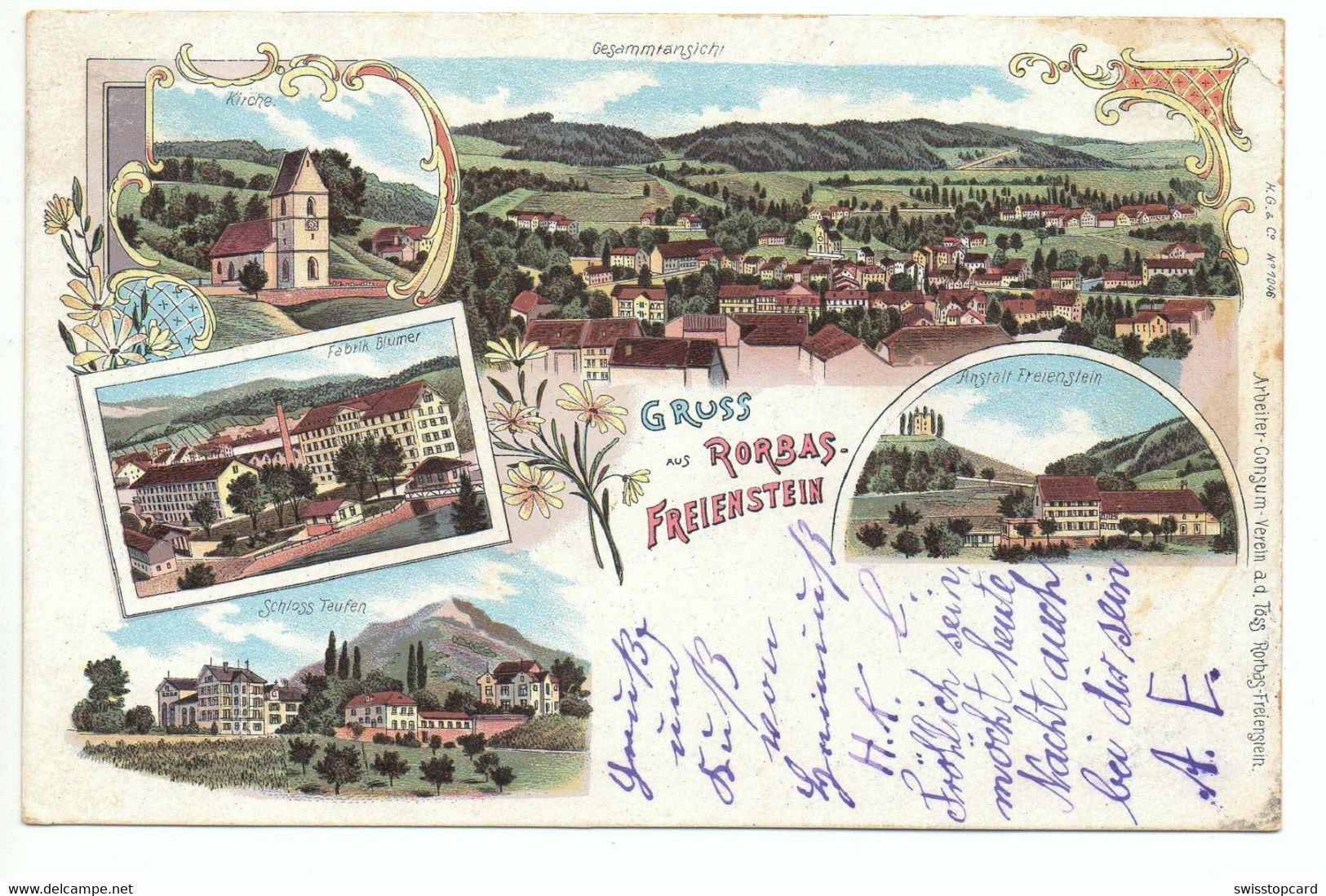 LITHO Gruss Aus RORBAS-FREIENSTEIN Gesamtansicht Kirche Fabrik Blumer Schloss Teufen Anstalt Freienstein Gel. 1900 - Freienstein-Teufen