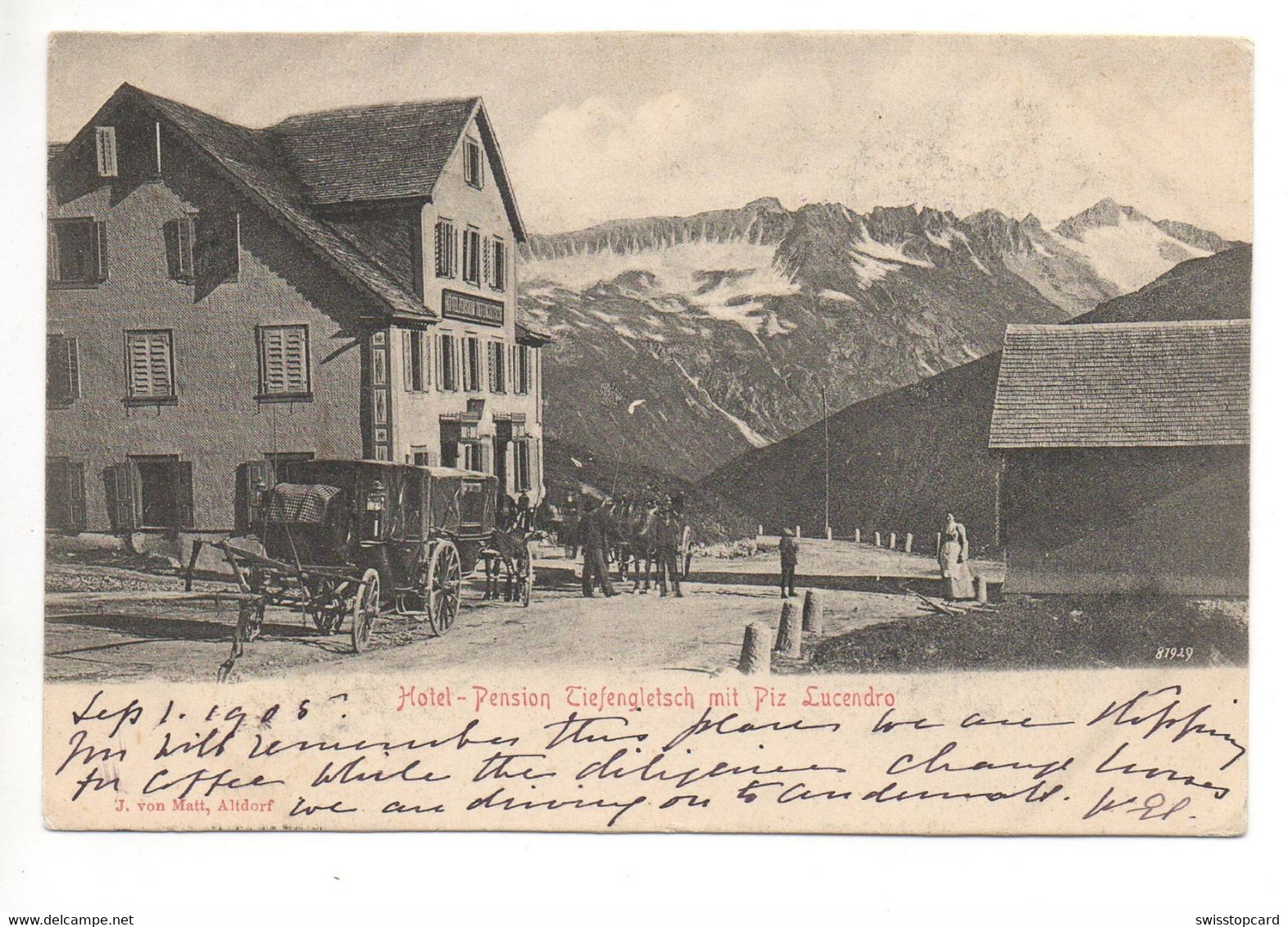 REALP Hôtel-Pension Tiefengletsch Postkutsche Gel. 1905 Stempel Hôtel - Realp