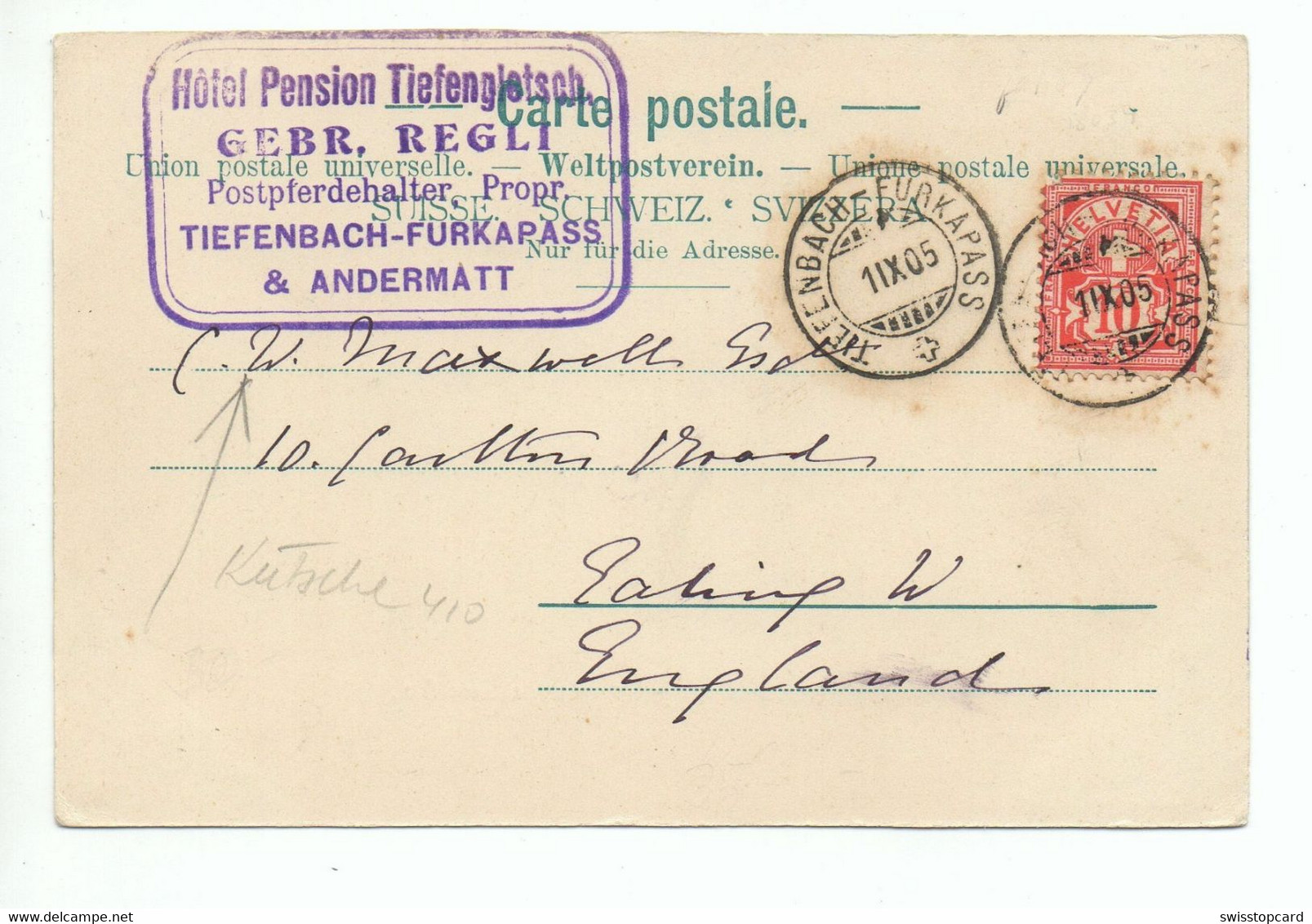 REALP Hôtel-Pension Tiefengletsch Postkutsche Gel. 1905 Stempel Hôtel - Realp