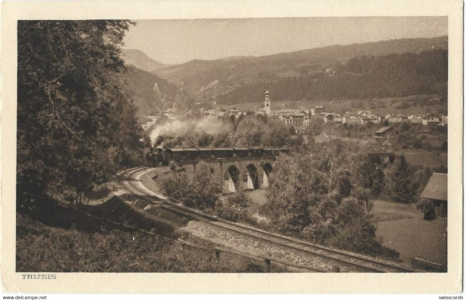 THUSIS: Rhätische Bahn, Zug Auf Viadukt Vor Dorf, CMZ-Karte ~1930 - Thusis