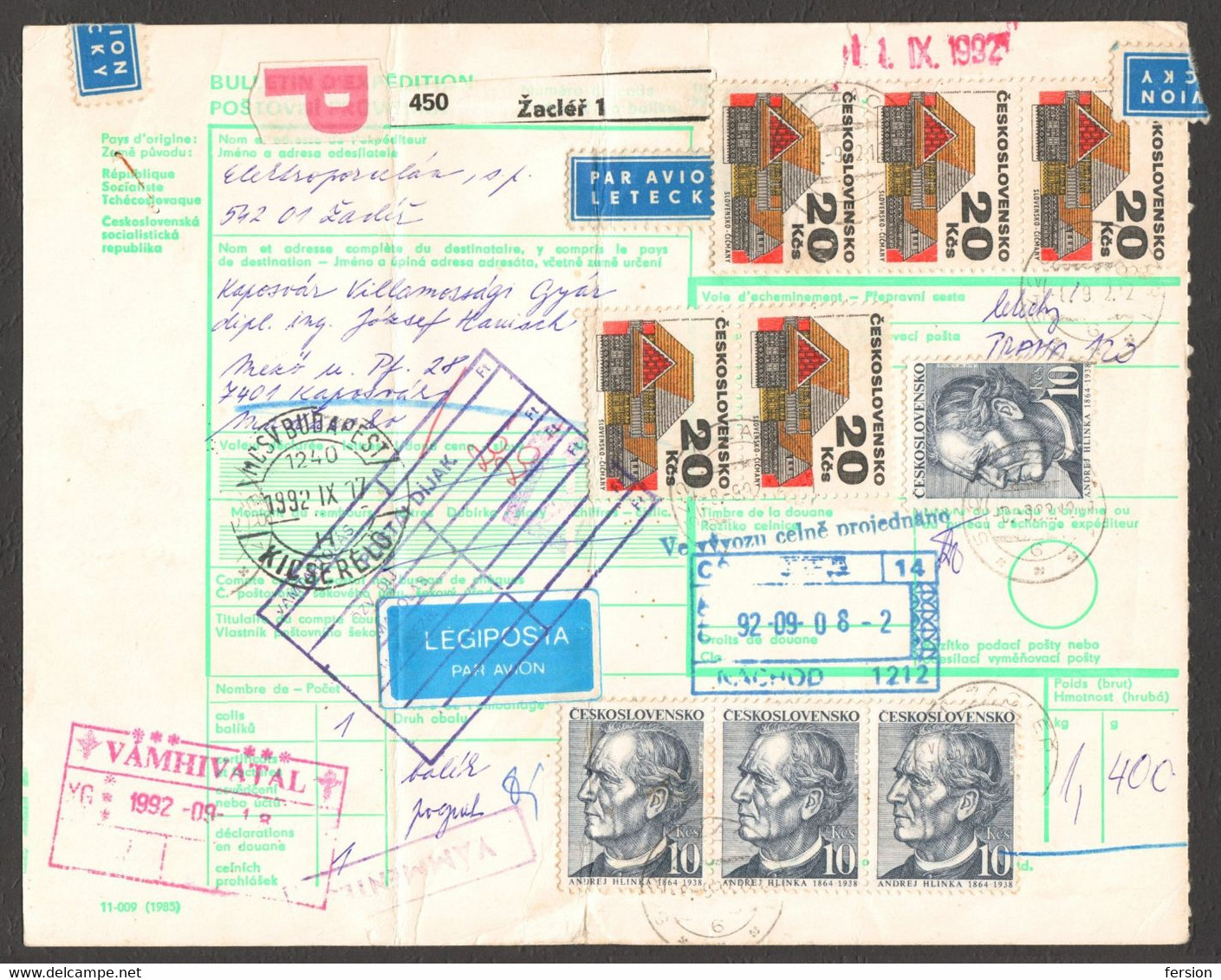 Bulletin D'expédition Parcel Packet Despatch FORM Czechoslovakia Hungary CUSTOMS Postmark AIR MAIL LABEL VIGNETTE 1992 - Unclassified