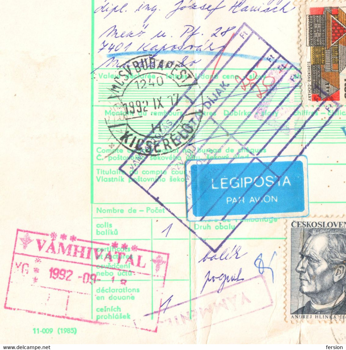 Bulletin d'expédition parcel packet despatch FORM Czechoslovakia Hungary CUSTOMS postmark AIR MAIL LABEL VIGNETTE 1992