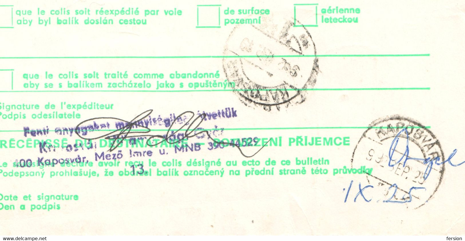 Bulletin d'expédition parcel packet despatch FORM Czechoslovakia Hungary CUSTOMS postmark AIR MAIL LABEL VIGNETTE 1992