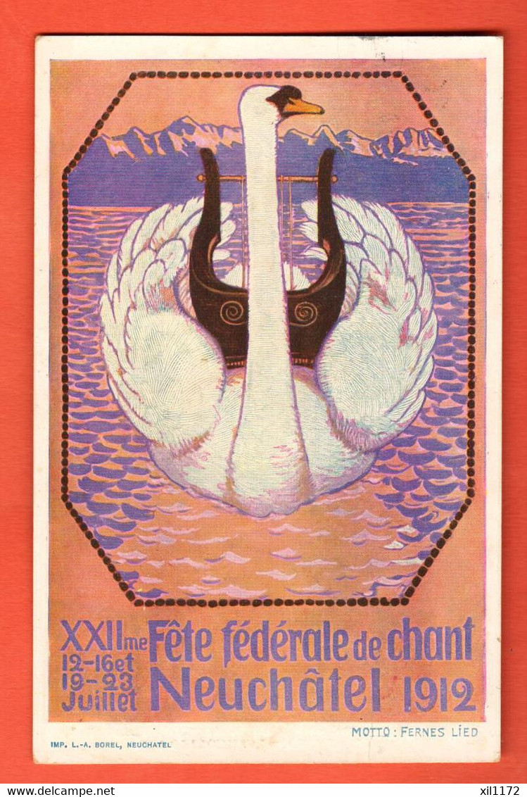 ZRV-37  RARE 12ème Fête Fédérale Chant Neuchâtel 1912 , Cygne Et Lyre Circulé Vers Cortaillod - Cortaillod