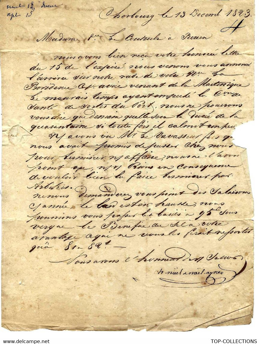 1823 De Cherbourg  Noel Agnes     Lettre  Sign. NEGOCE NAVIGATION MARTINIQUE QUARANTAINE   Pour Mme Le Couteulx Rouen V. - Historical Documents