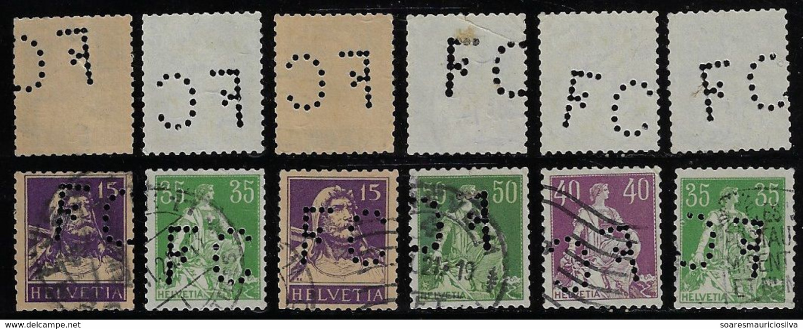 Switzerland 1900/1925 6 Stamp With Perfin FC By Flegenheimer & Cie Ribbons And Silks from Geneve Lochung Perfore - Perfin