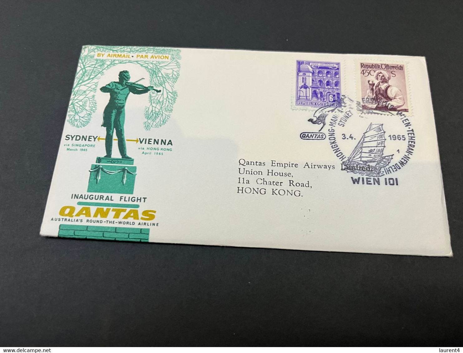 (1 K 22) Australia - Sydney To Vienna , Austria QANTAS (airways) Hong Kong Postmark - First Flight FDC Cover - 1965 - Primeros Vuelos