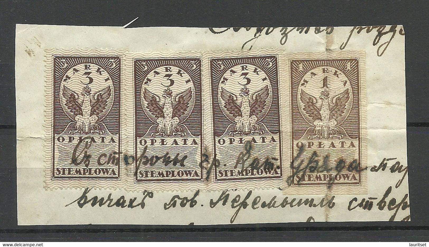 POLEN Poland Ca 1920 - 4 Documentary Tax Stempelmarken Revenue Oplata Stemplowa O On Out Cut - Revenue Stamps