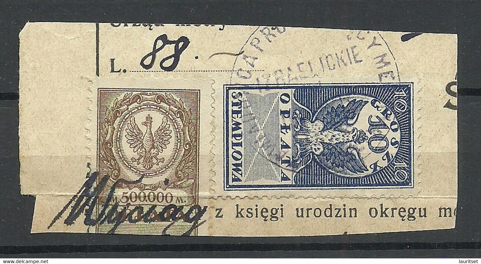 POLEN Poland Ca 1920 - 2 Documentary Tax Stempelmarken Revenue Oplata Stemplowa O On Out Cut - Fiscales