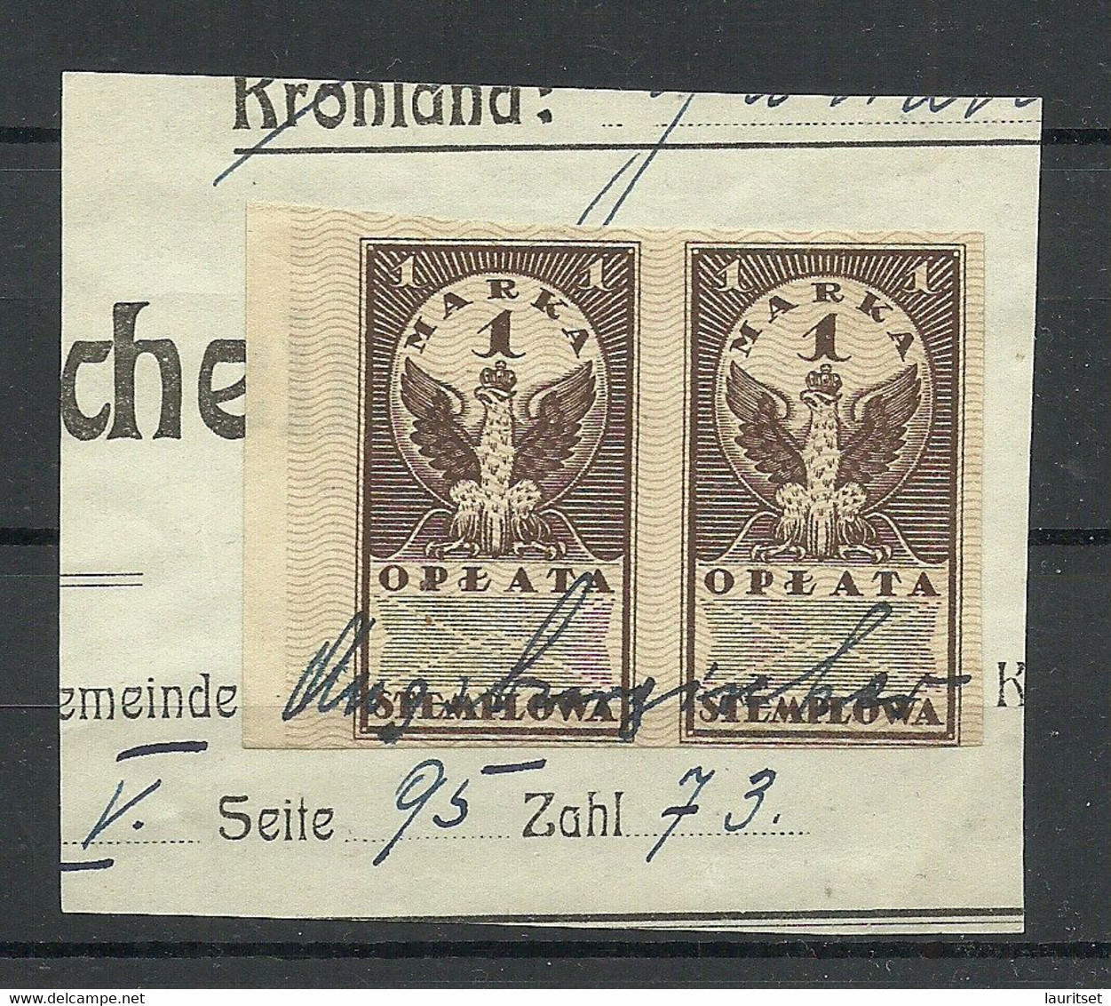 POLEN Poland 1920ies - Documentary Tax Stempelmarken Revenue Oplata Stemplowa 1 Marka As Pair O On Out Cut - Revenue Stamps