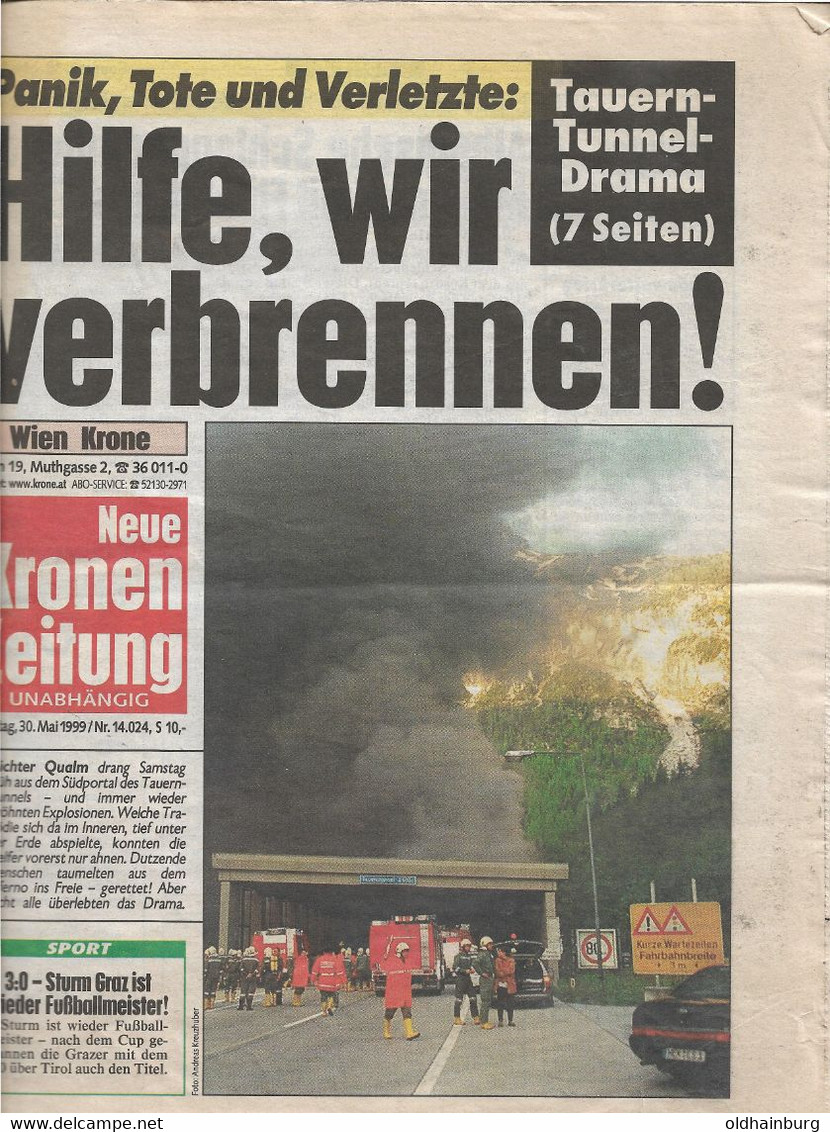 2231: Original- Österreichische Tageszeitung KronenZeitung Vom 30.5.1999, Tauern- Unglück - Auto En Transport