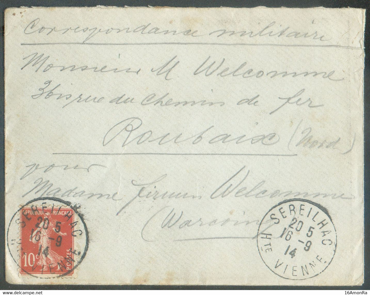 SMOKKEL France 10 Centimes Semeuse Obl. Sc SEREILLAC Hte Vienne Sur Enveloppe Du 16-9-1914 Vers Roubaix (Fr), Correspond - Otros & Sin Clasificación