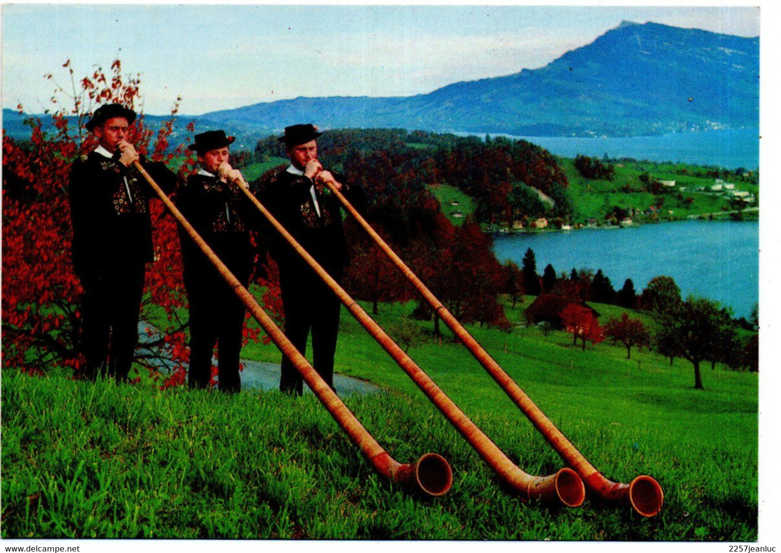 CPSM  * Follklore Suisse * Alphornblaserfamilie Christen Hergiswil.Blick Auf Vierwaldstattersee Und Rigi - Hergiswil