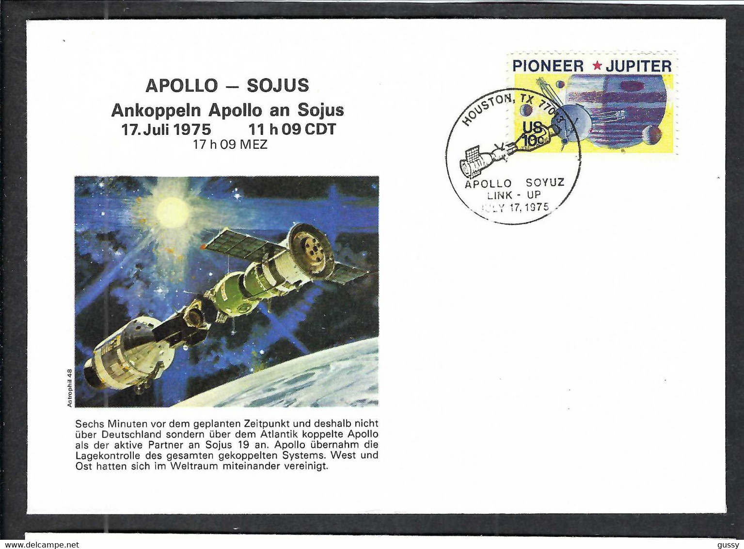 ESPACE 1975: FDC "Apollo-Soyuz" Houston (USA, Texas) Avec TP "Pioneer Jupiter" - América Del Norte