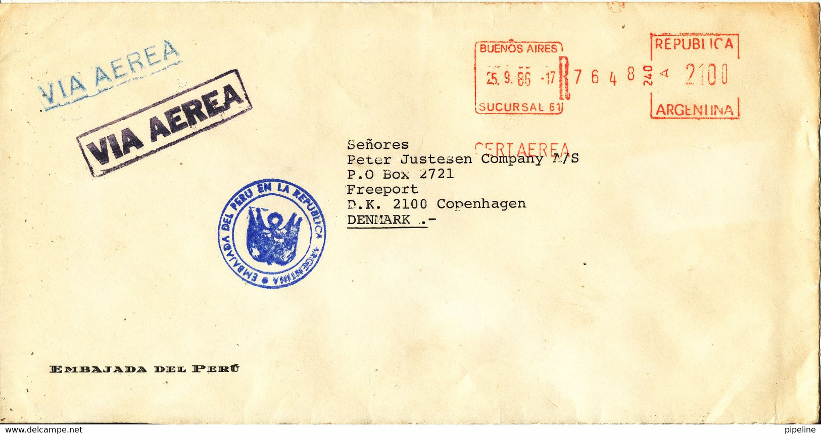 Argentina Cover With Red Meter Cancel Sent Air Mail To Denmark 25-9-1985 (from The Embassy Of Peru Buenos Aires) - Briefe U. Dokumente