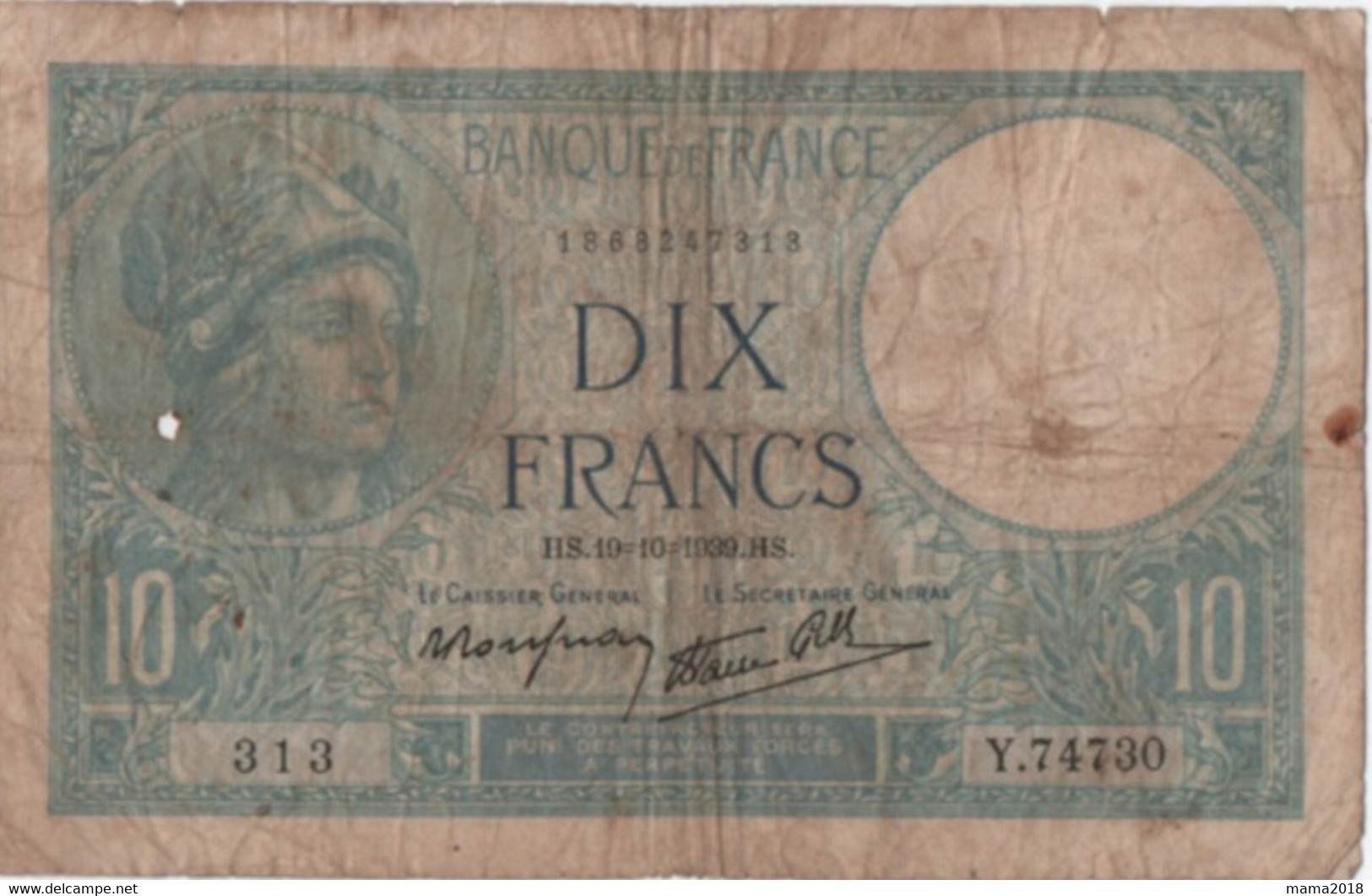 Billet  Bleu  1939  Dix Francs - 10 F 1916-1942 ''Minerve''