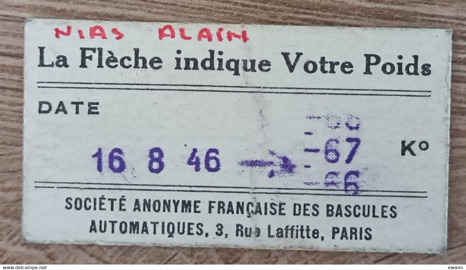 Ticket Pesée - SOCIETE ANONYME DES BASCULES AUTOMATIQUES - 1946 - Otros Aparatos