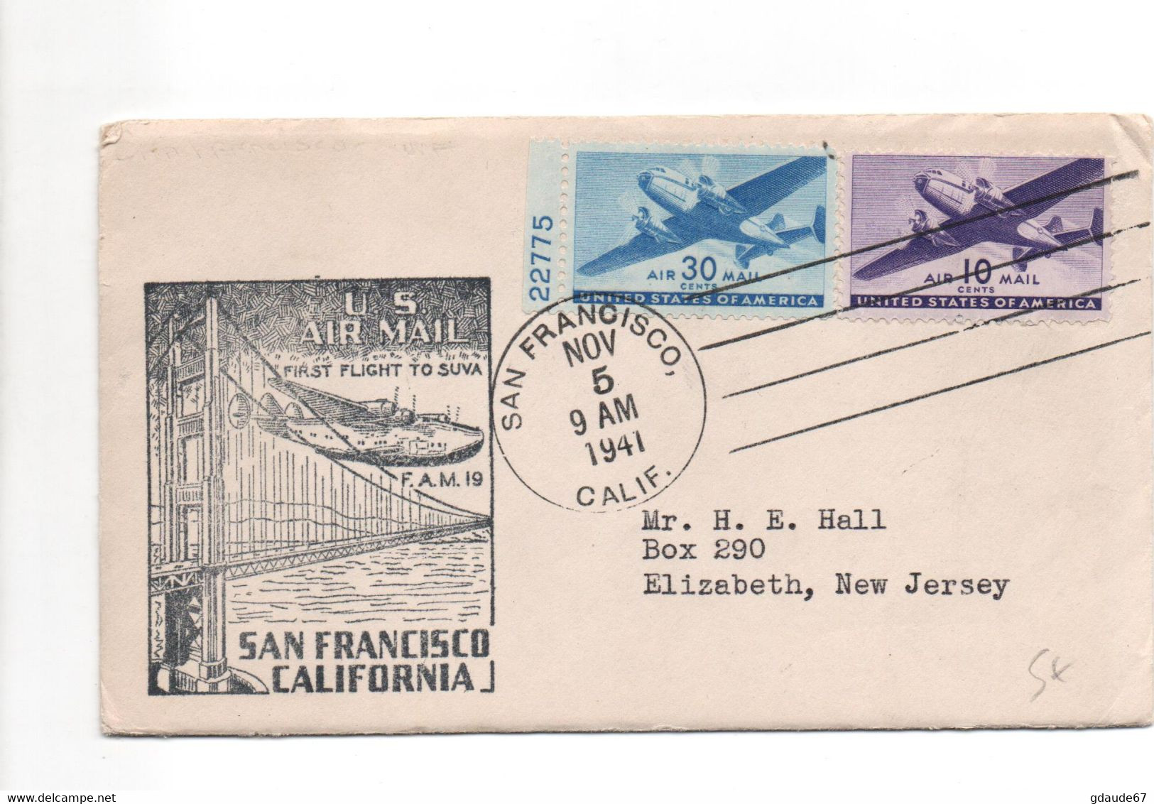 1941 - ENVELOPPE 1er PREMIER VOL / FIRST FLIGHT TO SUVA - SAN FRANCISCO - POSTE AERIENNE / AVION / AVIATION - 2c. 1941-1960 Cartas & Documentos