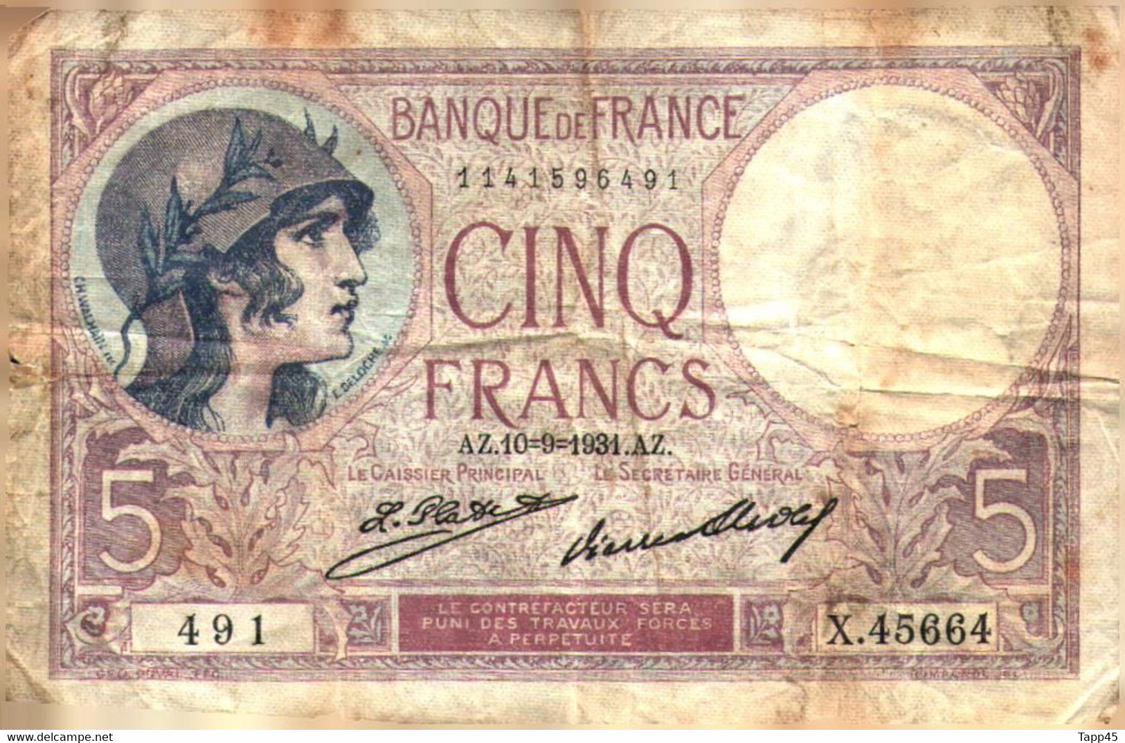 T 1 >  France > 5 Francs > ''Violet'' > 1931 > - 5 F 1917-1940 ''Violet''