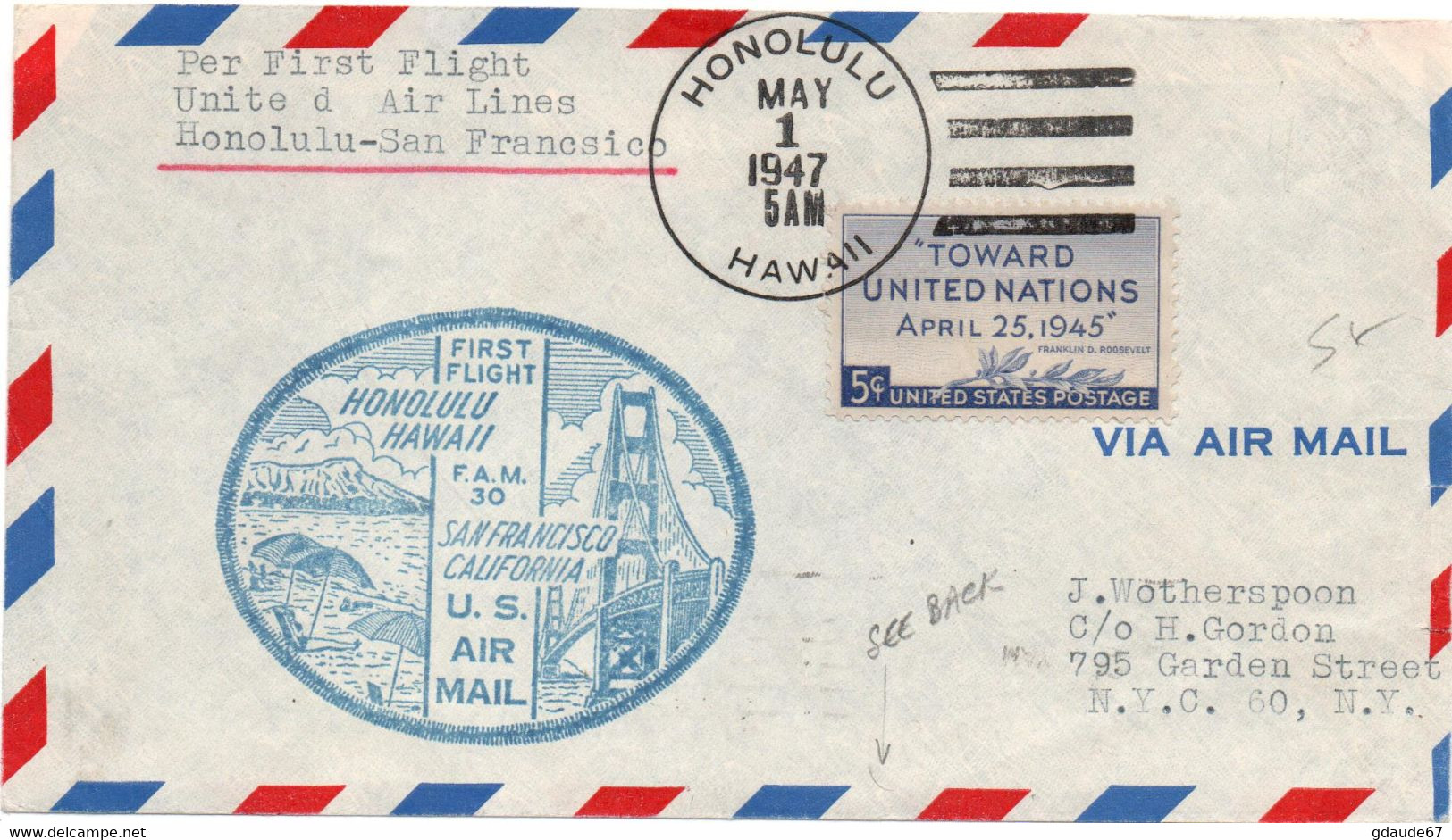 1947 - ENVELOPPE 1er PREMIER VOL / FIRST FLIGHT HONOLULU SAN FRANCISCO - POSTE AERIENNE / AVION / AVIATION - 2c. 1941-1960 Cartas & Documentos