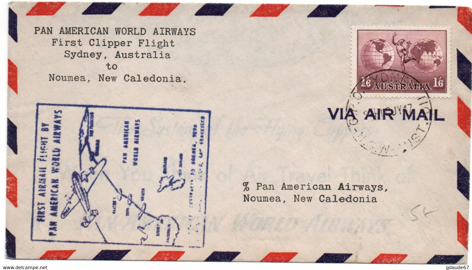 1947 - ENVELOPPE 1er PREMIER VOL / FIRST AIRMAIL FLIGHT PAN AMERICAN WORLD SYDNEY - POSTE AERIENNE / AVION / AVIATION - First Flight Covers