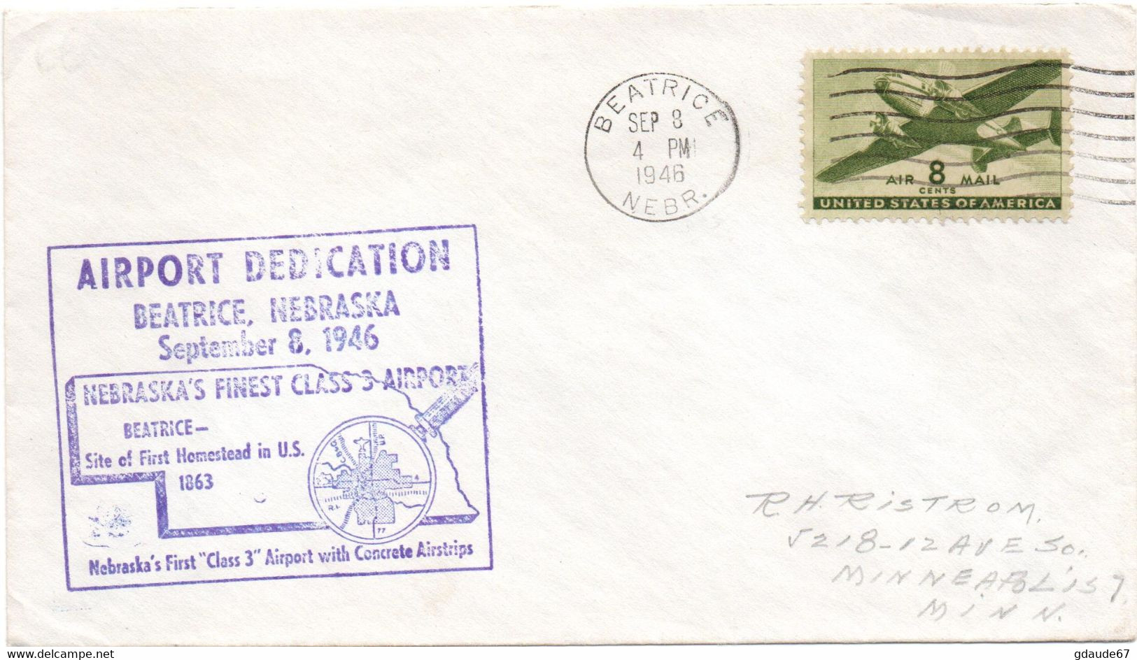 1946 - ENVELOPPE Avec CACHET AIRPORT DEDICATION BEATRICE NEBRASKA (USA) - POSTE AERIENNE / AVION / AVIATION - 2c. 1941-1960 Cartas & Documentos