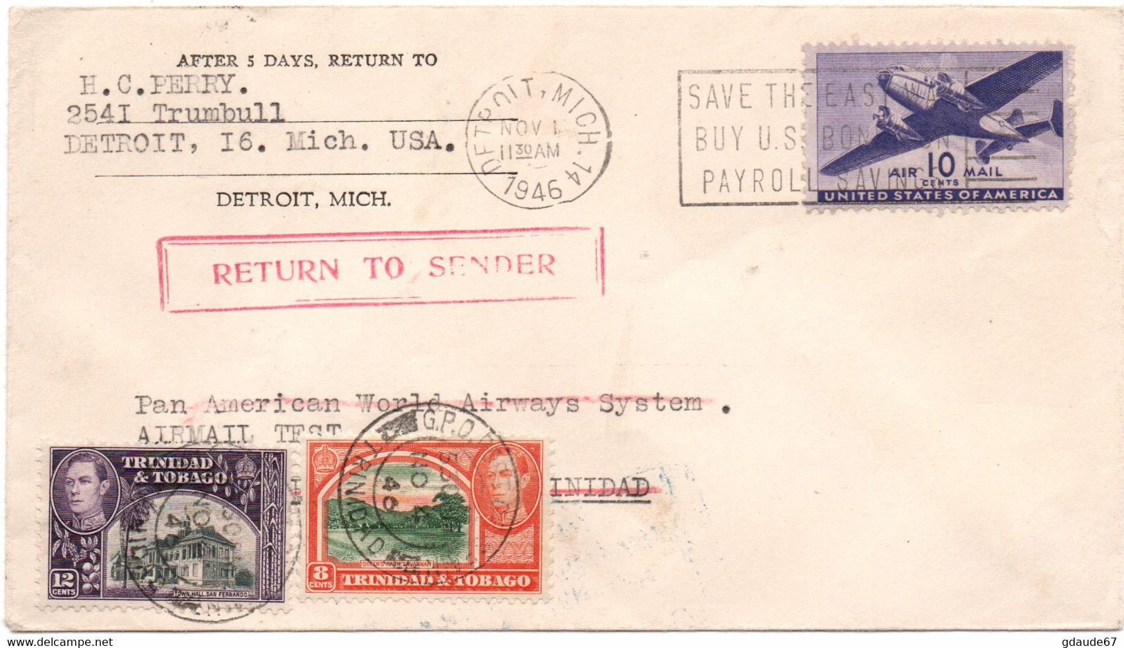 1946 - ENVELOPPE De DETROIT (USA) Pour TRINIDAD & TOBAGO -> RETURN TO SENDER - POSTE AERIENNE / AVION / AVIATION - 2c. 1941-1960 Storia Postale