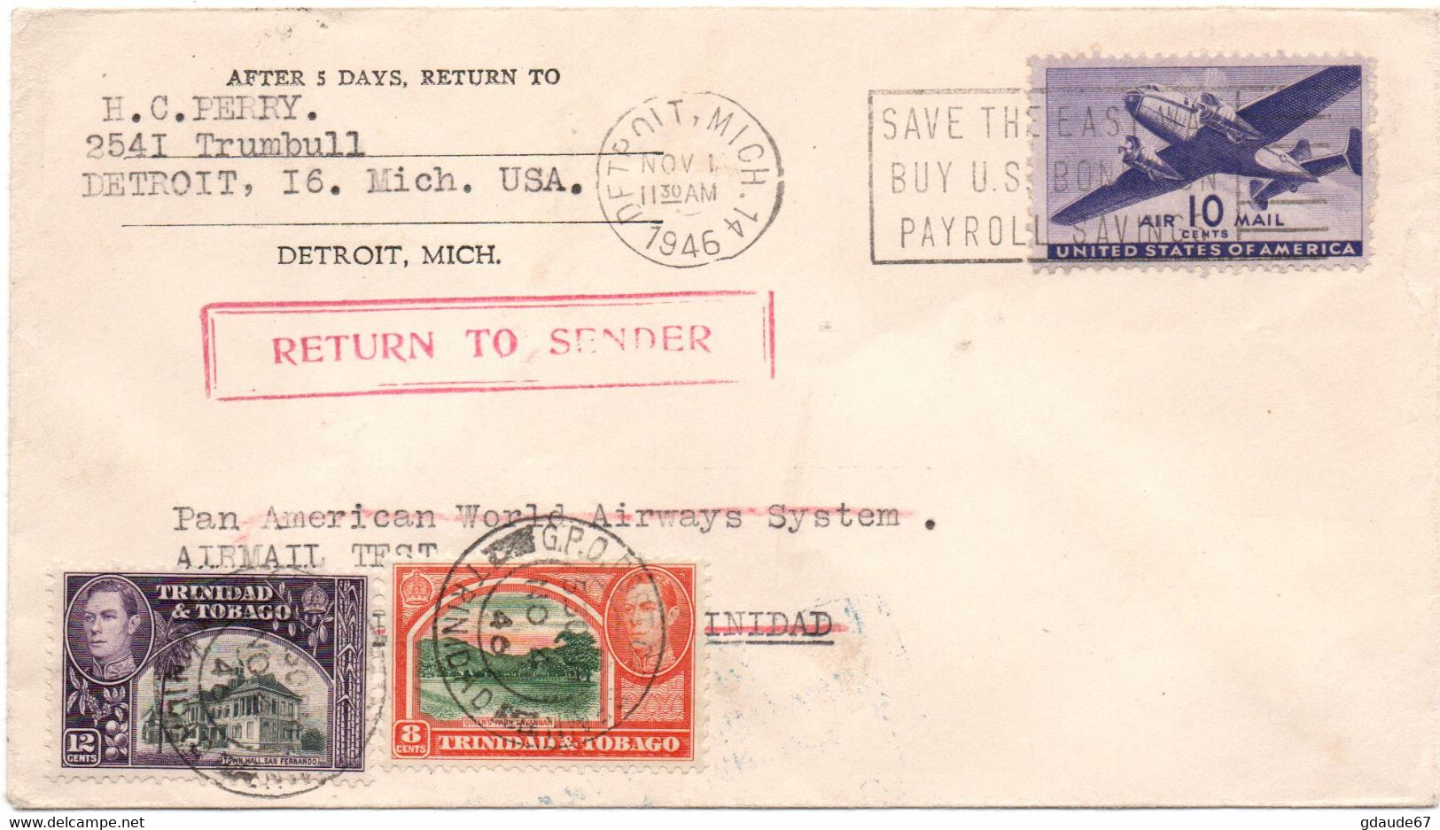 1946 - ENVELOPPE De DETROIT (USA) Pour TRINIDAD & TOBAGO -> RETURN TO SENDER - POSTE AERIENNE / AVION / AVIATION - 2c. 1941-1960 Cartas & Documentos