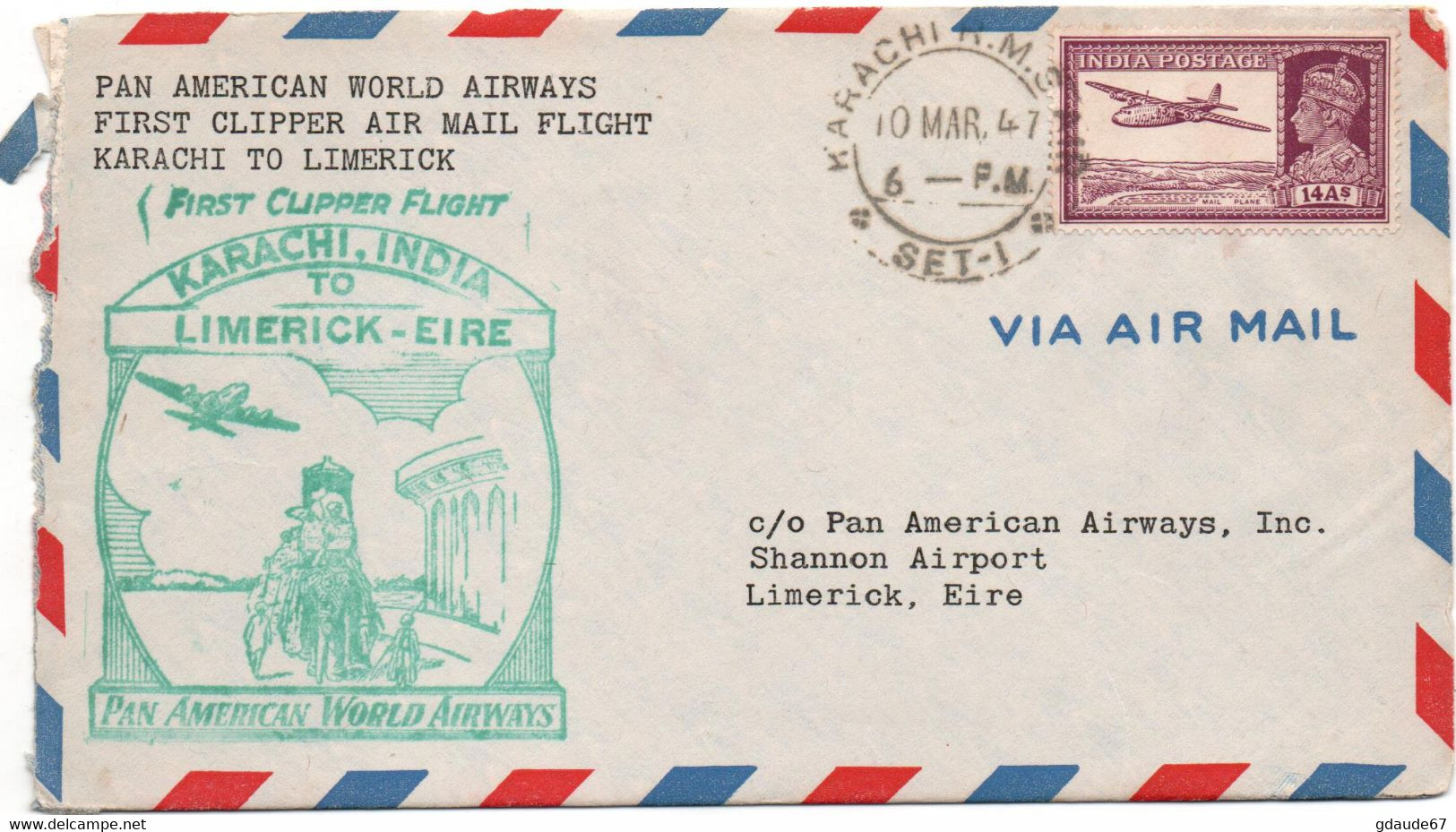 1947 - ENVELOPPE 1er PREMIER VOL / FIRST FLIGHT KARACHI INDIA TO LIMERICK EIRE - POSTE AERIENNE / AVION / AVIATION - Corréo Aéreo