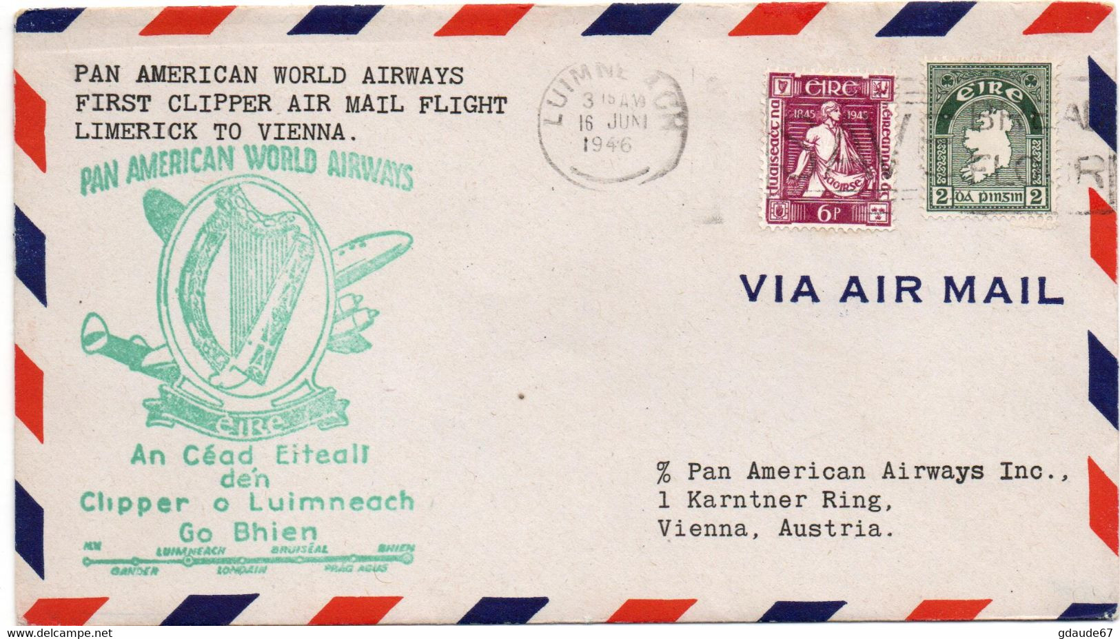 1946 - ENVELOPPE 1er PREMIER VOL / FIRST FLIGHT LIMERICK TO VIENNA (EIRE / IRLANDE) - POSTE AERIENNE / AVION / AVIATION - Posta Aerea