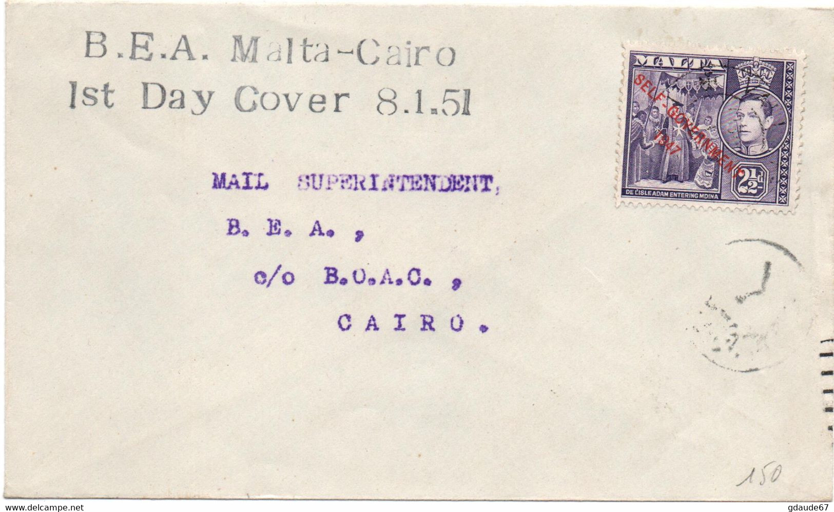 1951 - ENVELOPPE 1st FDC FIRST DAY COVER MALTA CAIRO - Malte