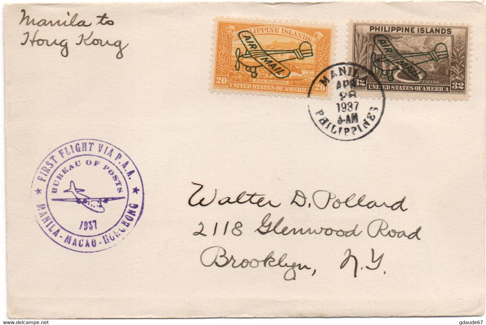 1937 - ENVELOPPE AIR MAIL MANILA TO HONG KONG (PHILIPPINE ISLANDS / PHILIPPINES) - Filipinas