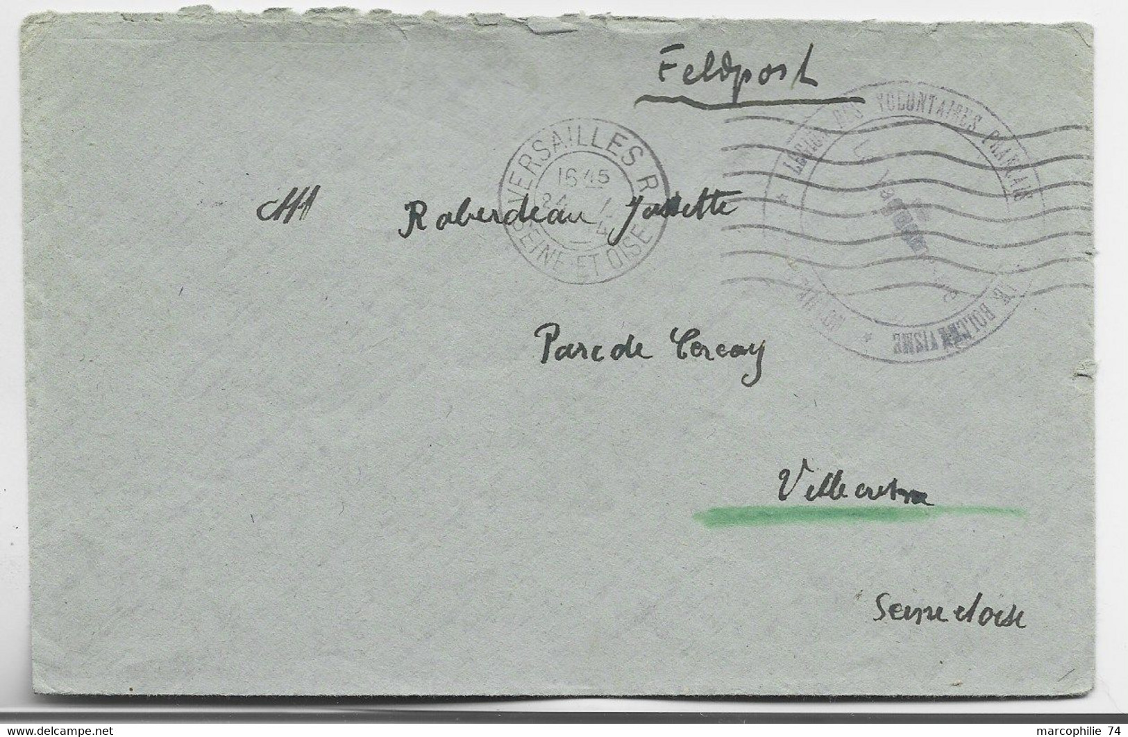 FRANCE LETTRE FELPOST MEC VERSAILLES 1944 + CACHET VIOLET LEGION DES VOLONTAIRES FRANCAIS CONTRE BOLCHEVISME RARE - Guerra Del 1939-45