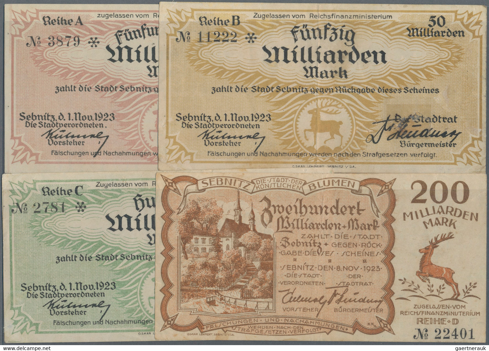 Deutschland - Notgeld - Sachsen: Sebnitz, Stadt, 25, 50, 100 Mrd. Mark, 1.11.192 - [11] Local Banknote Issues