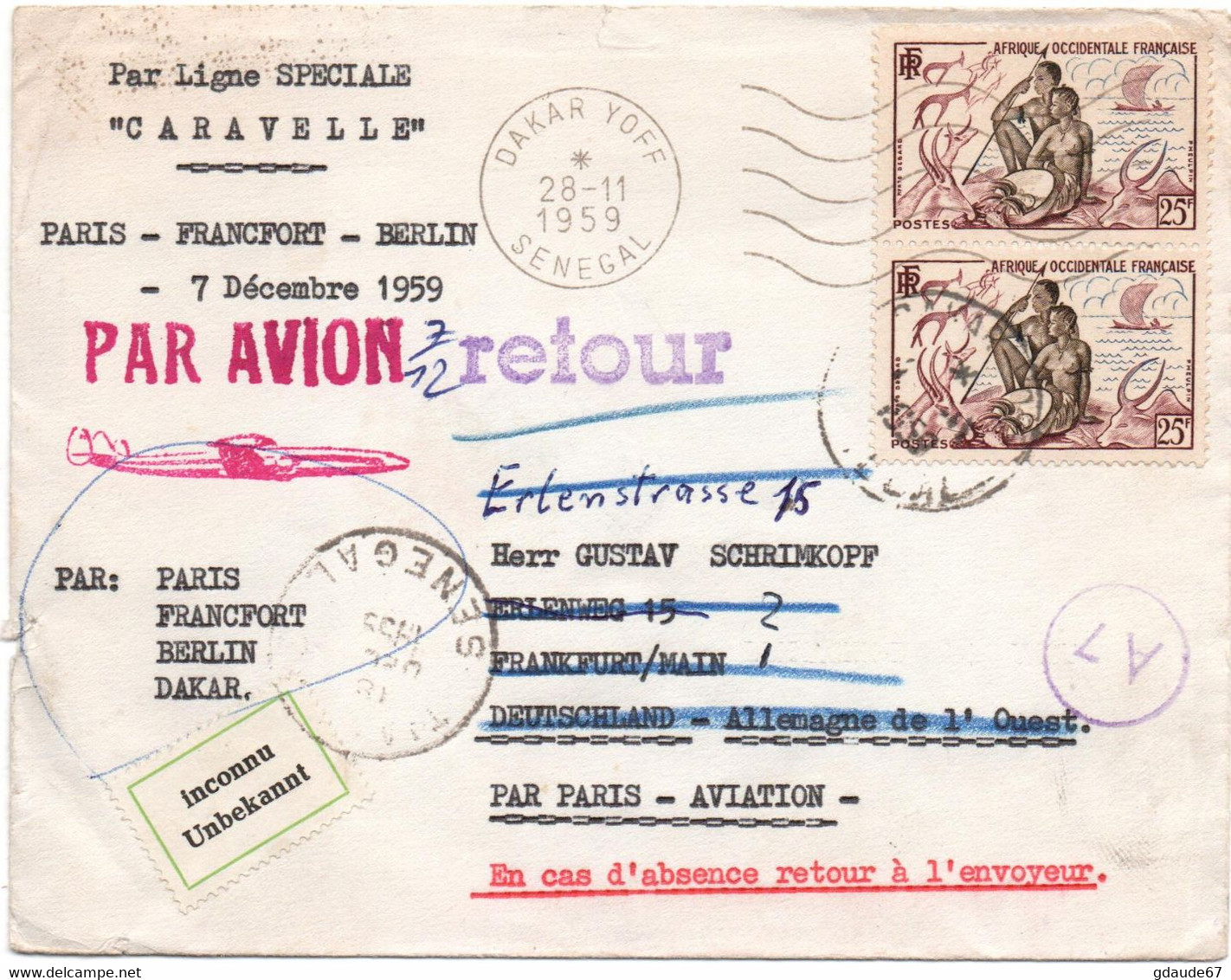 1959 - ENVELOPPE PAR AVION PAR LIGNE SPECIALE CARAVELLE De DAKAR (SENEGAL / AOF) -> RETOUR / INCONNU - Brieven En Documenten