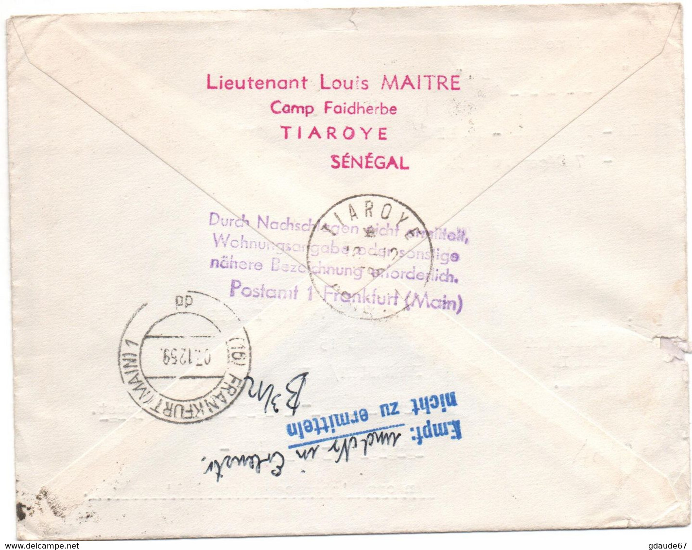 1959 - ENVELOPPE PAR AVION PAR LIGNE SPECIALE CARAVELLE De DAKAR (SENEGAL / AOF) -> RETOUR / INCONNU - Briefe U. Dokumente