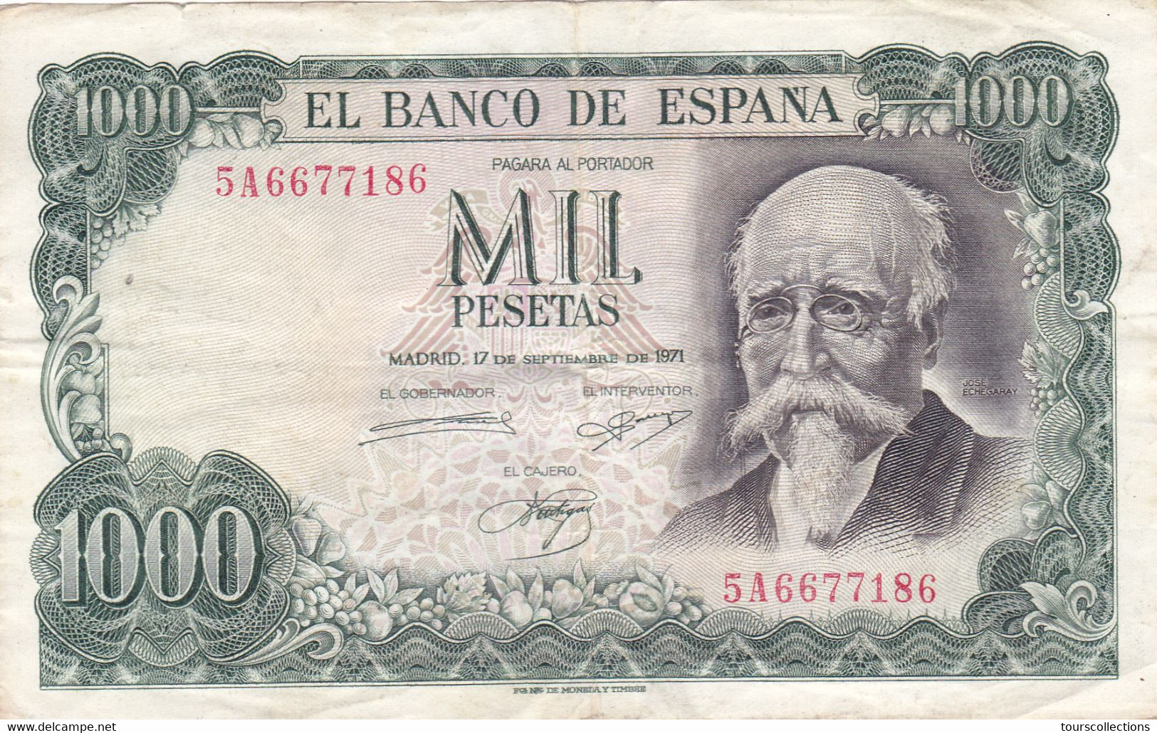 Billet De 1971 ESPAGNE 1000 Pesetas TTB  Jose Echegaray @ N° 5A6677186 - 1000 Peseten