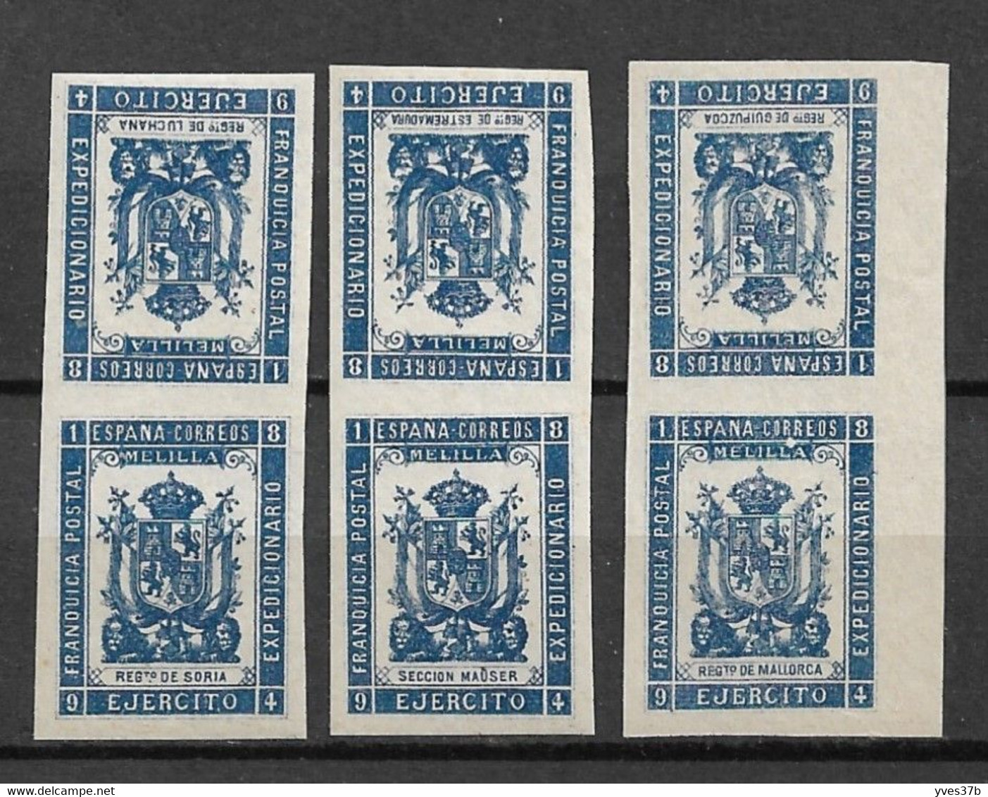 ESPAGNE - MELILLA 1894 - N°40 & 43, 39 & 45, 42 & 44 - Neuf** - Non Dentelé - Paires Têtes-Bêches - SUP - - Franchigia Militare