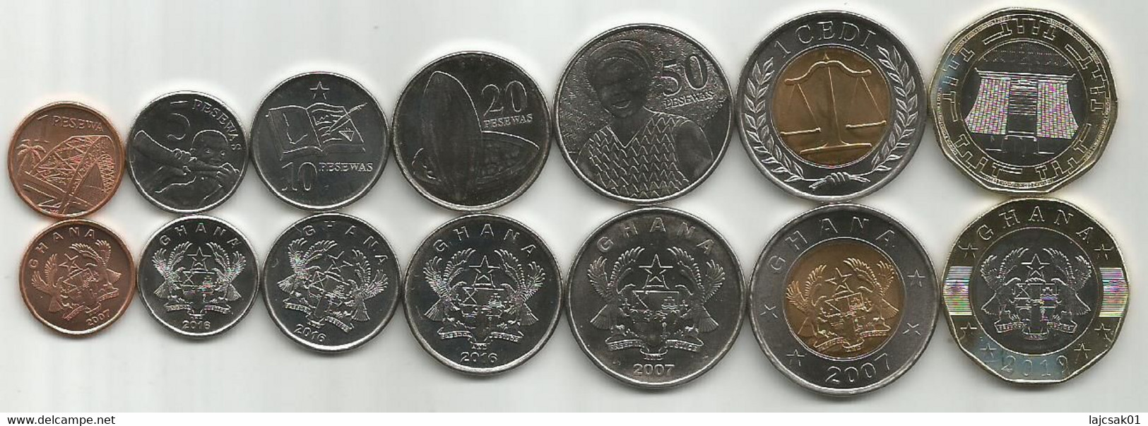 Ghana 2007 - 2019. Complete Coin Set Of 7 Coins  1+5+10+20+50 Pesewas + 1 Cedi + 2 Cedi 2019. UNC - Ghana