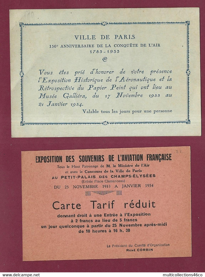 140922 - AVIATION 1933 Entrée Carte Tarif Réduit Exposition Et Invitation Aéronautique Rétrospective Papier Peint PARIS - Tickets