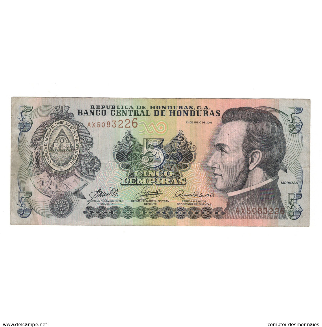 Billet, Honduras, 5 Lempiras, 2006, 2006-07-13, KM:91a, TB - Honduras