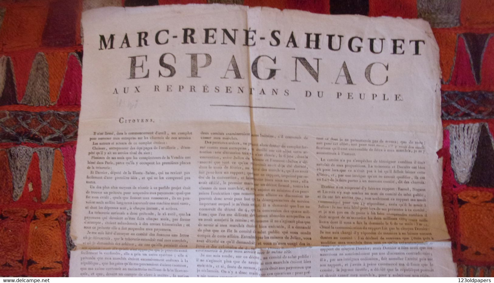 ORIGINALE 1793 Affiche Revolution MARC RENE SAHUGUET ESPAGNAC AUX REPRESENTANS DU PEUPLE BRIVE CORREZE GUILLOTINE - Historical Documents