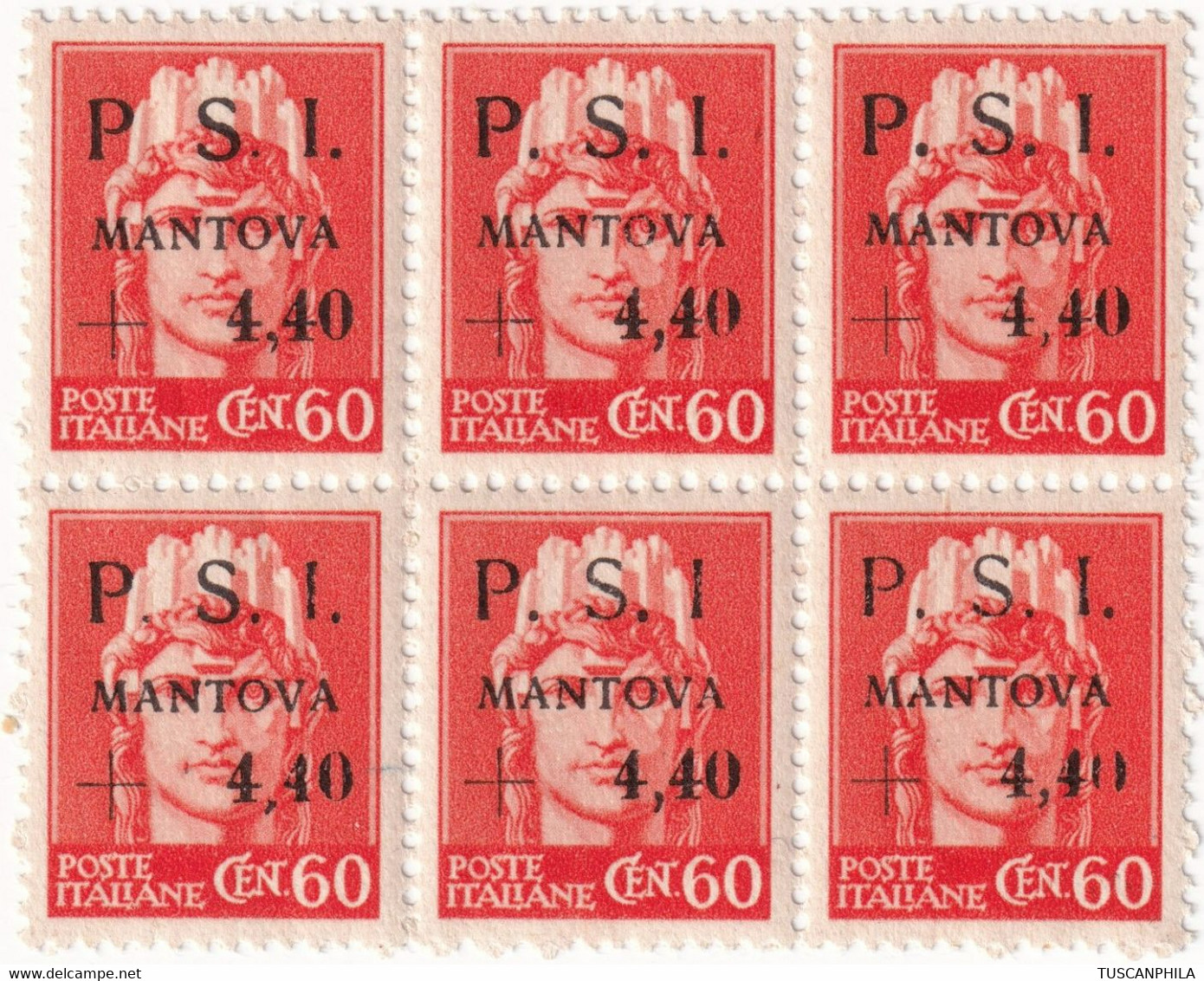 CLN - Mantova 1945 - 4,40 L. Su 60 C. Arancio Senza Punto Dopo I In Blocco Di 6 Centrato Integro Raro - Sassone N.7+7x - Comité De Libération Nationale (CLN)