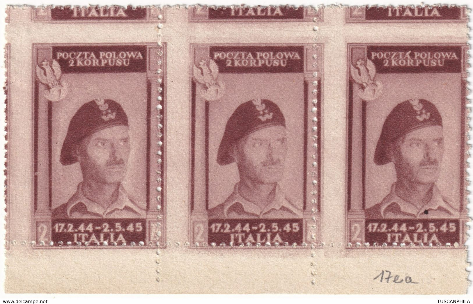 Corpo Polacco 1946 - 2 Z. Bruno Lillaceo Dent. Fortem. Spostata In Alto ITALIA In Alto Striscia Di 3 Bdf Rara Sass 17ea - Emissions Locales/autonomes