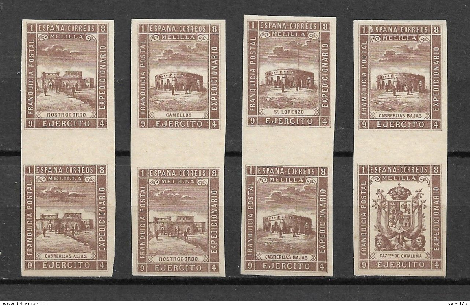 ESPAGNE - MELILLA 1894 -N°52 & 53, 53 & 55, 54 & 56, 56 &  22 -neuf** -Non Dentelé -Paires Se Tenant- SUP - Certificat - - Military Service Stamp