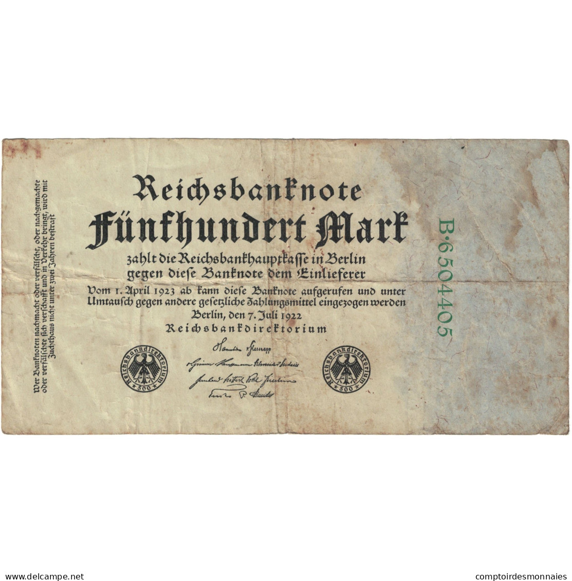 Billet, Allemagne, 500 Mark, 1922, 1922-07-07, KM:74c, B - 500 Mark