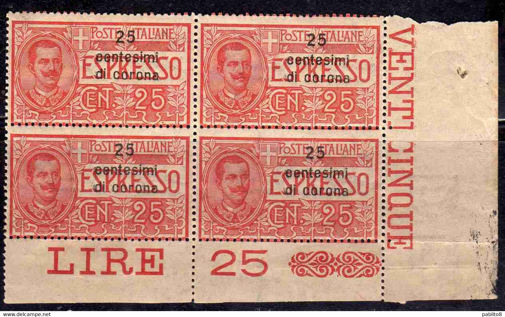 DALMAZIA 1921 SOPRASTAMPATO D'ITALIA ESPRESSO SPECIAL DELIVERY 25c SU 25c MNH QUARTINA BLOCK - Dalmatië