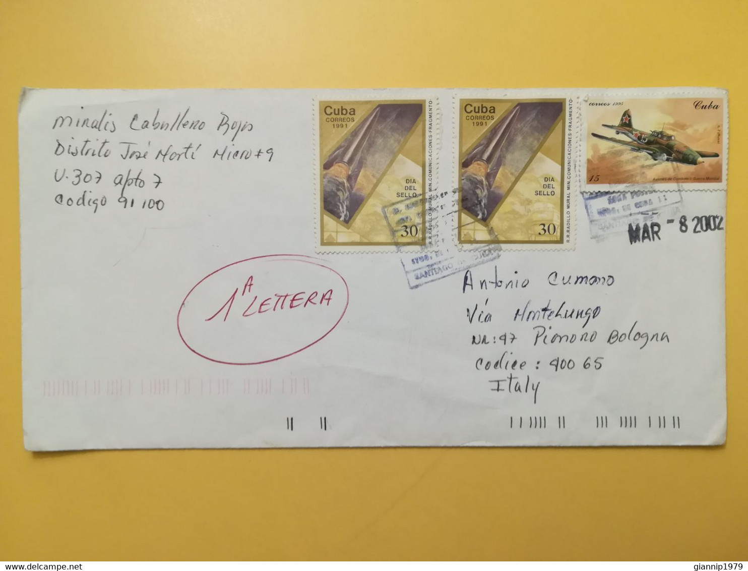 2002 BUSTA COVER CUBA BOLLO STAMP DAY AIRCRAFTS WAR OBLITERE'  FOR ITALY - Covers & Documents