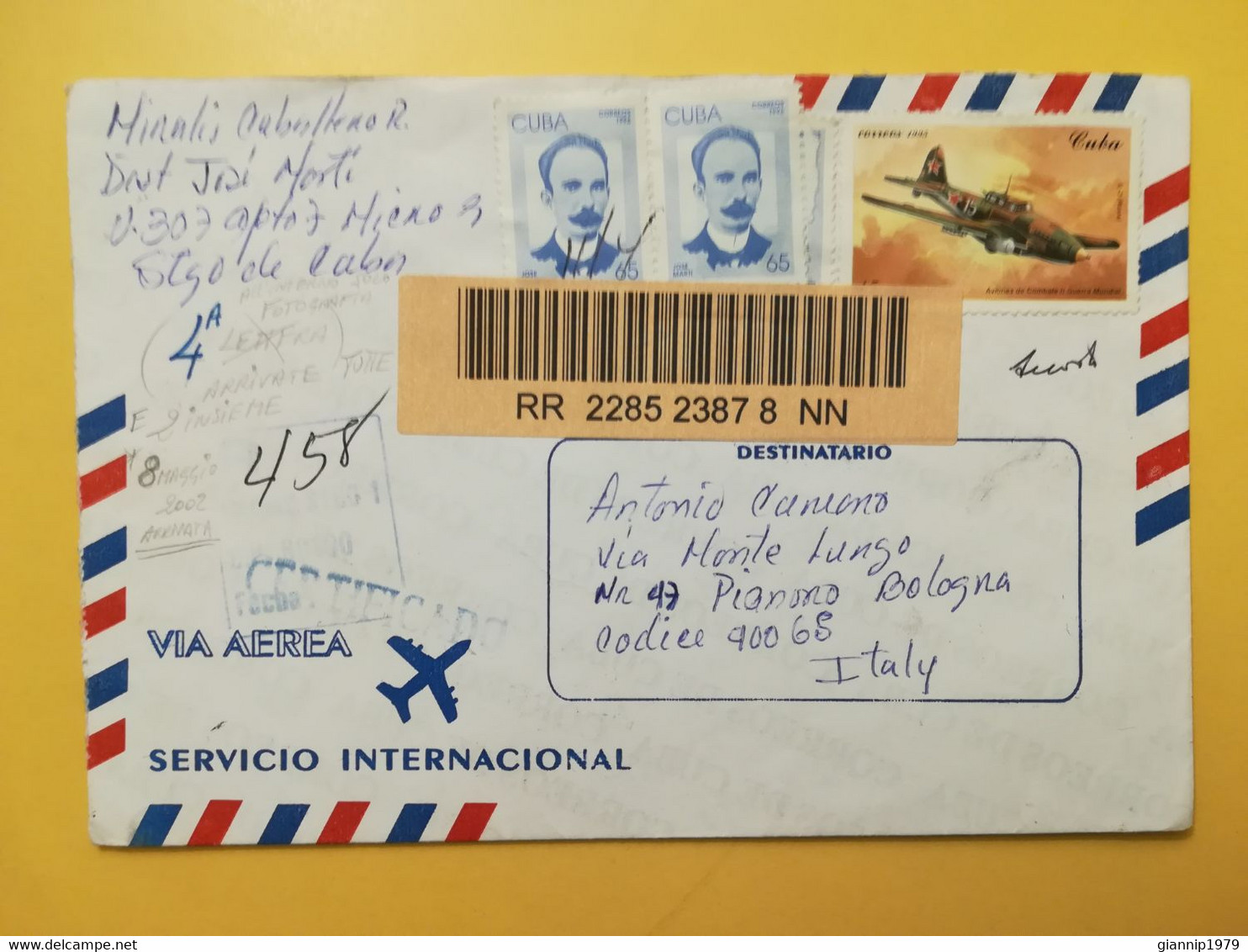 2002 BUSTA COVER RACCOMANDATA REGISTERED CUBA BOLLO JOSE MARTI AIRCRAFTS WAR OBLITERE'  FOR ITALY - Brieven En Documenten