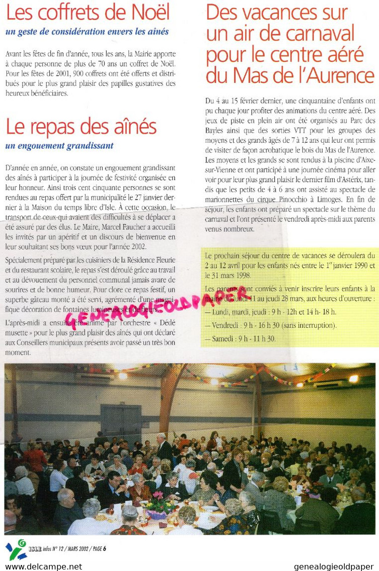 87 - ISLE -BULLETIN INFOS- N°12- MARS 2002- MARCEL FAUCHER MAIRE-DORIANE VIDAL-J.O. SALT LAKE CITY-